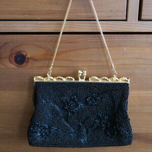 Vintage Sparkling Black Beaded Clutch w/ Gold Accents / Chain Purse